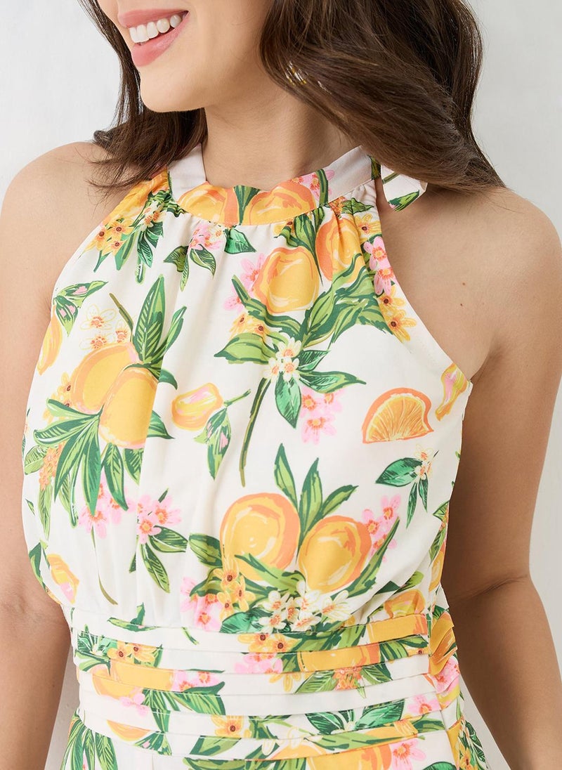 Globus Women Yellow Floral & Fruit Print Halter Neck Pleated Detail Flared Fusion Jumpsuit - Image 5